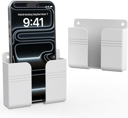 Wall Mounted Phone Holder with Adhesive, No-Drill Phone Stand for Charging, Built-in Cable Slot, Phone Holder for Bathroom, Bedroom, Kitchen, RV, Compatible with iPhone & Android, White