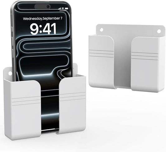 Wall Mounted Phone Holder with Adhesive, No-Drill Phone Stand for Charging, Built-in Cable Slot, Phone Holder for Bathroom, Bedroom, Kitchen, RV, Compatible with iPhone & Android, White