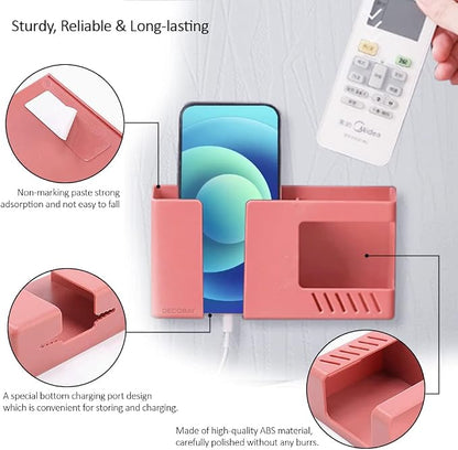 D3 Wall Mount Phone Holder, Punch-Free Wall-Mounted Mobile Phones Charging to Stand, Sticky Remote Control Storage Box Bedside Lazy Mobile Phone Rack, Multipurpose Storage Box (2 Pack-R)