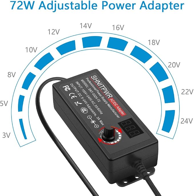 SHNITPWR 72W universal Power Supply Adjustable DC 3.5V ~ 24V 3A AC/DC Adapter with USB C Charger PD 65W Upgraded 100V-240V AC to DC Converter Variable Power Adapter,14 Tips,Alligator Clips Power Cable