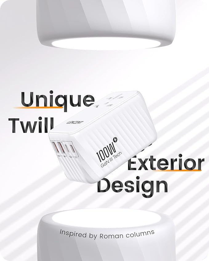 LENCENT Universal Travel Adapter, 100W GaN International Fast Charger | with 2 PD3.0 Type C+2 USB A, Worldwide Power Adaptor for Phones,Laptops, All in One Travel Essentials for EU/USA/UK/AU, White