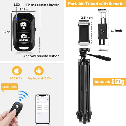 Phone Tripod, 50” Extendable Adjustable Smartphone & Tablet Tripod Stand with Mount & Remote, Compatible with Tablet/Cell Phone/Camera (Black)