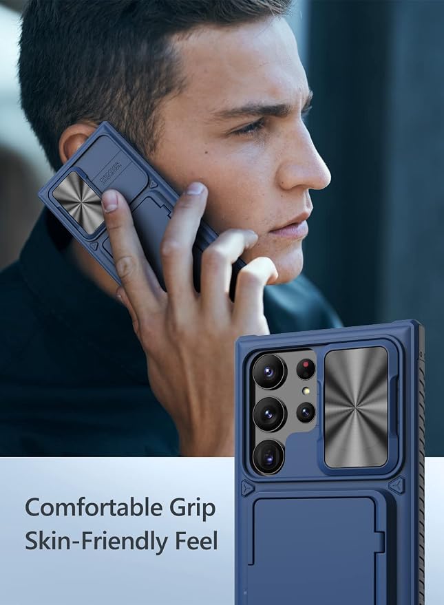 Vihibii for Samsung Galaxy S23 Ultra Case with Card Holder (4 Cards) & Sliding Camera Cover & Kickstand, Shockproof Rugged Hard Back & TPU Edge Wallet Case for Galaxy S23 Ultra 5G 6.8" 2023, Blue