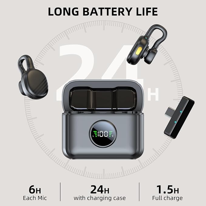 Wireless Lavalier Microphone for iPhone 15/16/Android, Mini Clip On Mic with Charging Case, 7H Battery, Noise Canceling Lapel Microphone for Video Recording Vlogging, YouTube