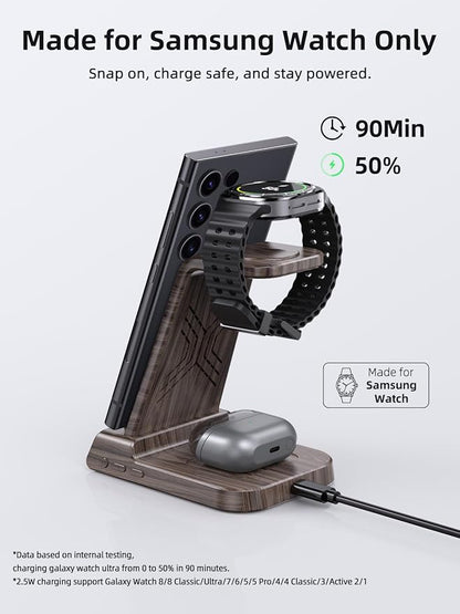 Wireless Charger Samsung Charging Station: 3 in 1 Android Charging Stand with Dimmable Clock - Nightstand Organizer for Galaxy S25 S24 Ultra, Galaxy Watch 8 7 6 5 4, Galaxy Buds, Space-Saving Charger
