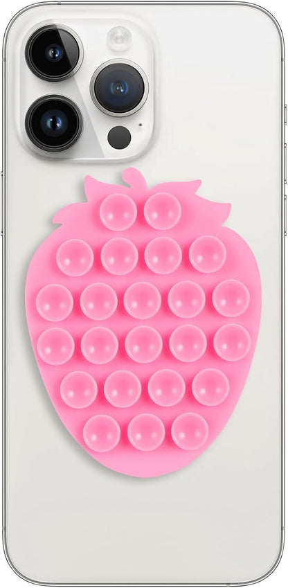 Silicone Phone Grip, 23 Suction Cups, Suitable for Selfies and Videos on Mirrors, bathrooms and Smooth Surfaces, Compatible with iPhone, Samsung, etc. (Strawberry Shaped, Pink)
