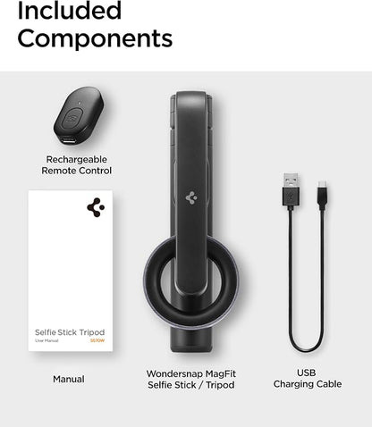 Spigen Selfie Stick Tripod Stand with Bluetooth Remote Control Shutter 24" Extendable Compatible with MagSafe iPhone 17/16/15/14/13/12 Pixelsnap Pixel 10 Series & More - Black (S570W)