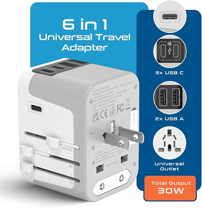 Ceptics 6 in 1 Universal Travel Adapter, Universal Outlet w/ 2X USB-A and 3X USB-C 6A, Travel Power Adapter for use in EU, UK, US, AU and More, Universal Plug for Mobiles, Laptops- UP-30KU-WH | 6 in 1 design, Type A, C, G & I Plugs, Universal Socket fo...