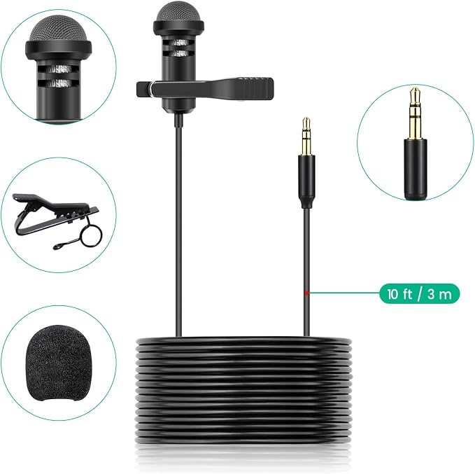 weishan Lavalier Mic Compatible with GoPro HERO11 Black, HERO10，HERO9 Action Cameras, Media Mod, Max - Lapel Microphone 3.5mm, 10ft