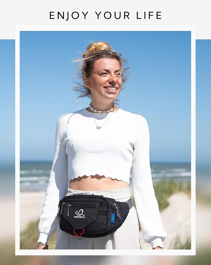 WATERFLY Running Belt Fanny Pack: Runner Marathon Jogging Waist Pack Sport Workout Exercise Fitness Phone Holder Belt for Men Women Jogger Slim Waistband Black
