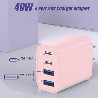 USB Fast Charging Block, 4-Port 40W Charge Adapter Pink iPhone Apple USB C | Multiport Type C Fast Charger Plug for iPhone 17/17 Air/16e/16 Pro/16 ProMax/15/14/13/12,iPad Pro/iPad Air,iPad mini,iPad