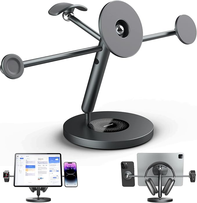 Nillkin Tablet Stand with MagSafe Ring, 4 in 1 Magnetic Stand for Tablet/Phone/Apple Watch/Headphone, 360º Rotating, DIY at Will, Aluminum Cell Phone Stand, Tablet Stand for Desk, Supports 5-13 inch