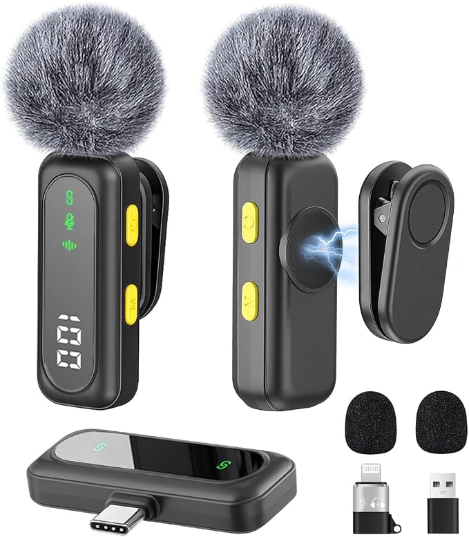 Wireless Lavalier Microphone for iPhone Mini Mic Android/Tablet/PC Video Recording Clip-on Mics with Rotatable Clip&Denoise Recording, Ideal for Vlog Tiktok Youtube Podcast Content Creator