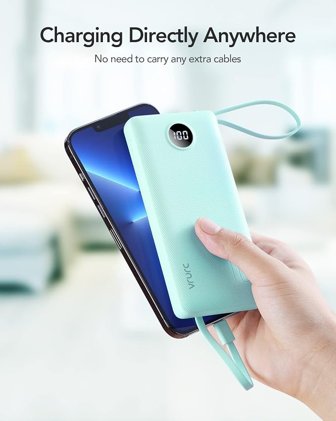 VRURC Power Bank with Built-in Cables,USB C Portable Charger for iPhone | 10000mAh Slim Charging Bank with Lanyard, Perfect for Travel, Work, School and Daily Carry-Green