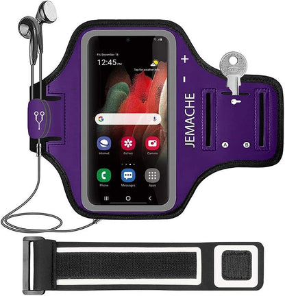 Galaxy S26 S25 Armband, JEMACHE Water Resistant Gym Running Workouts Phone Arm Band for Samsung Galaxy S26 S25 S24 S23 S22 with Card Holder (Purple)
