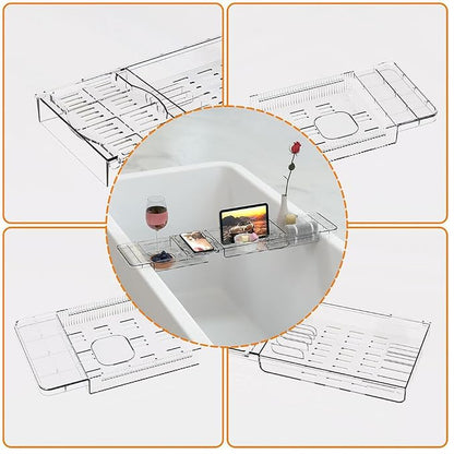 Expandable Bathtub Tray - Lightweight Adjustable Bath Caddy, Spa Organizer with Holder for Phone, Book & Wine Glass (Extra Long)