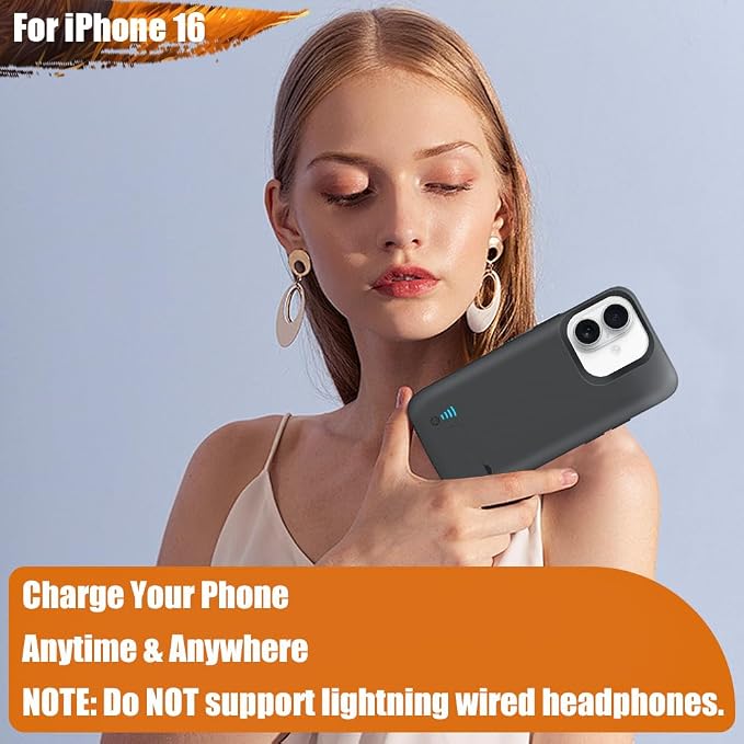 Battery Case for iPhone 16, 5000mAh Rechargeable Extended Battery Charging/Charger Case, Add 100% Extra Juice (6.1 Inches) Black