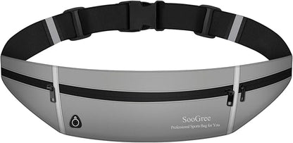 SooGree Slim Running Belt Sport Fanny Pack for Women Men,Outdoor Reflective Waist Pack Runner Pouch Belt, Zipper Waterproof Running Phone Holder Jogging Pouch for Phone Money Belt Waist Bag (Gray)