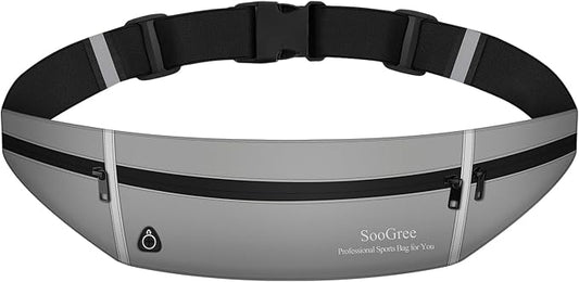 SooGree Slim Running Belt Sport Fanny Pack for Women Men,Outdoor Reflective Waist Pack Runner Pouch Belt, Zipper Waterproof Running Phone Holder Jogging Pouch for Phone Money Belt Waist Bag (Gray)