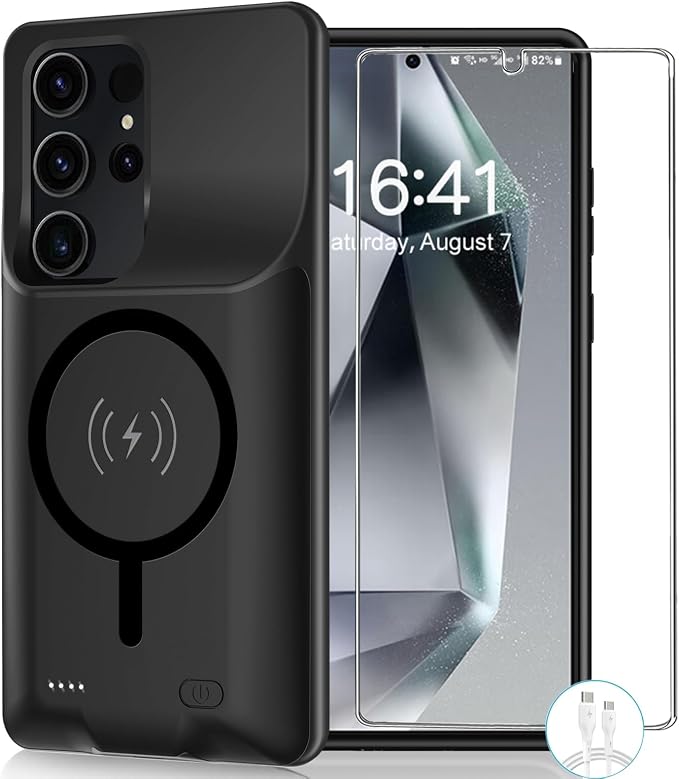 Battery Case for Galaxy S24 Ultra, Powerful 12000mAh Extended Portable Protective Charging Cover Backup Compatible with Galaxy S24 Ultra Wireless Charger Case with 1x Screen Protector & 1x Cable-Black