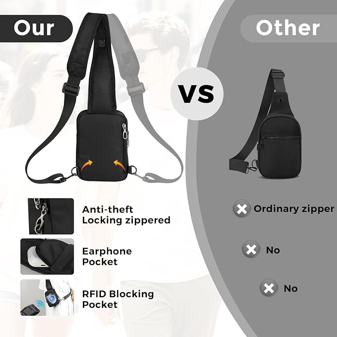 VADOO Sling Bag, Crossbody Bag with Zipper Lock, RFID Blocking & Water Resistant for Men and Women