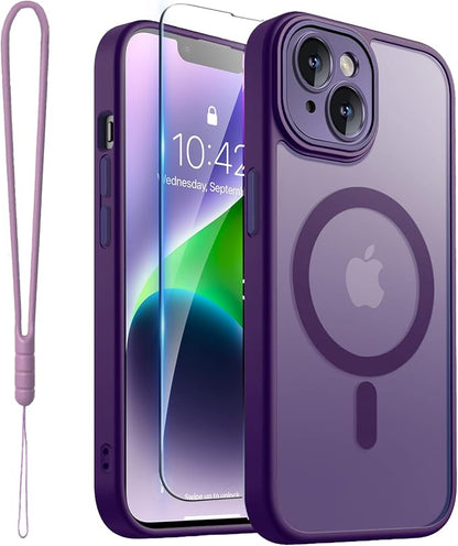 ROYBENS for iPhone 14 Matte Clear Case Compatible with Magsafe, Full Camera Lens Protection, Screen Protector, Wrist Strap, Translucent Magnetic Slim Hard Protective Phone Cover, Purple