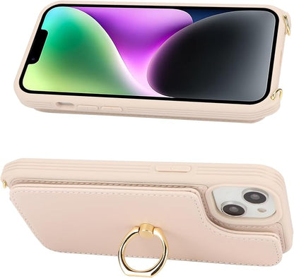 Lipvina for iPhone 13 Case with Card Holder for Women,Crossbody Strap Lanyard,Credit Card Holder,Ring Stand,Snap Clasp,Wallet Case 6.1 inch (Beige)