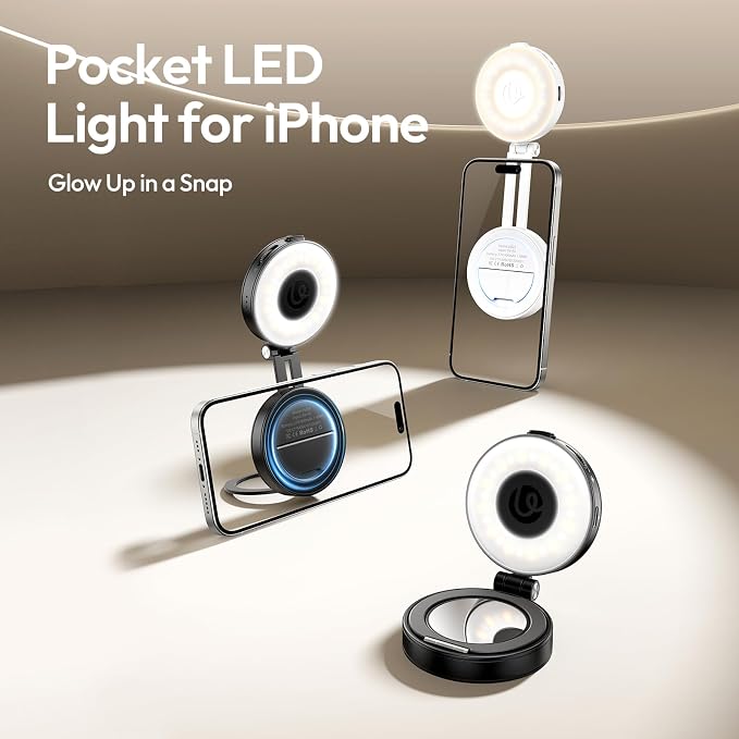 Magnetic Selfie Light, Upgraded ULANZI LM23 360° Phone Ring Light for iPhone Magsafe with Mirror & Stand, LED Phone Fill Lights for Selfies/Video Calls/Conference/Vlogging/Makeup - White