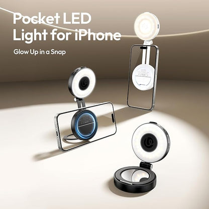 Magnetic Selfie Light, Upgraded ULANZI LM23 360° Phone Ring Light for iPhone Magsafe with Mirror & Stand, LED Phone Fill Lights for Selfies/Video Calls/Conference/Vlogging/Makeup - White