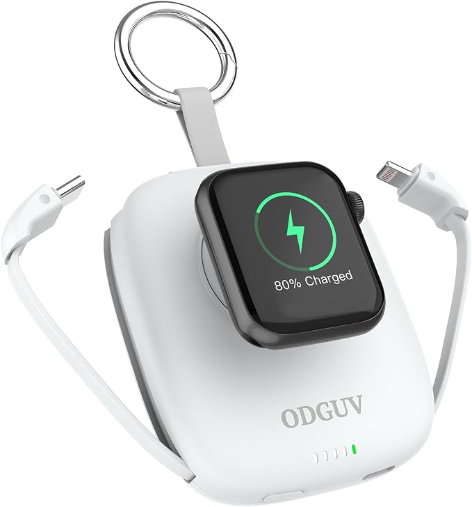 Small Portable Charger 5000mAh,iWatch Wireless Charger Mini Power Bank with Built-in Cable,Travel Keychain Charger for Apple Watch 11/10/9/8/Ultra/7/6/Se/5/4,iPhone 17/16/15/14/13/12,Android Phone