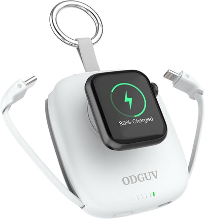 Small Portable Charger 5000mAh,iWatch Wireless Charger Mini Power Bank with Built-in Cable,Travel Keychain Charger for Apple Watch 11/10/9/8/Ultra/7/6/Se/5/4,iPhone 17/16/15/14/13/12,Android Phone