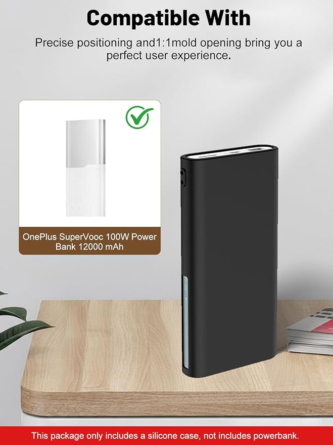 Silicone Protective Case Compatible with OnePlus SuperVooc Power Bank 12,000mAh 100W, Shockproof Cover with LCD Display Visible, Anti-Lost Strap, Precision Cutouts for All-Port Charger (Black)