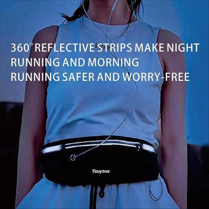 Running Belt for Women & Men - Slim Phone running belt with Water-Resistant Phone Holder, 3 pockets Adjustable Waist Strap, Reflective Safety Design for Running, Hiking, Travel，Fitness(Black)