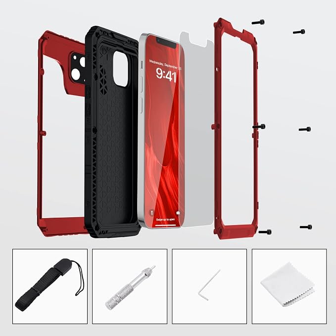 Mitywah Waterproof Case for iPhone 14, Heavy Duty Shockproof Case with Built-in Screen Protector, Full Body Underwater Protective Metal Case 6.1 inch, Red