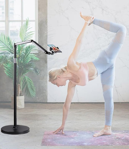 Phone Floor Stand for Recording Cell Phone Holder for Bed, Adjustable Tall Stand with Ultra-Long Extension Arm, 360° Swivel, Compatible with iPhone Samsung and More