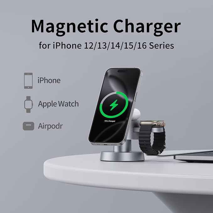 4 in 1 Magnetic Wireless Charging Station,15W Fast Charging with Night Light for MagSafe Charger Stand,3 in 1 Wireless Charger for iPhone 17/16/15/14/13Pro Max,Apple Watch&AirPods,Titanium Gray