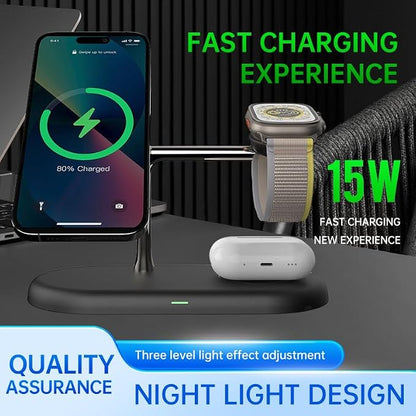 4 in1 Magnetic Wireless Charging Stand, 15W Fast Charging，with Neutral Light Design for iPhone 17/16、15/14/13/12 Series, iWatch and Sansung Watch, Airpods and Samsung TWS (T256-Black)