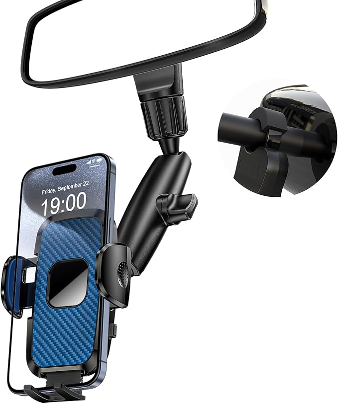 Rear View Mirror Phone Holder, 360° Rotating Car Phone Holder Mount Compatible with All 4-7 Inch iPhone and Android Cell Phones (Blue)