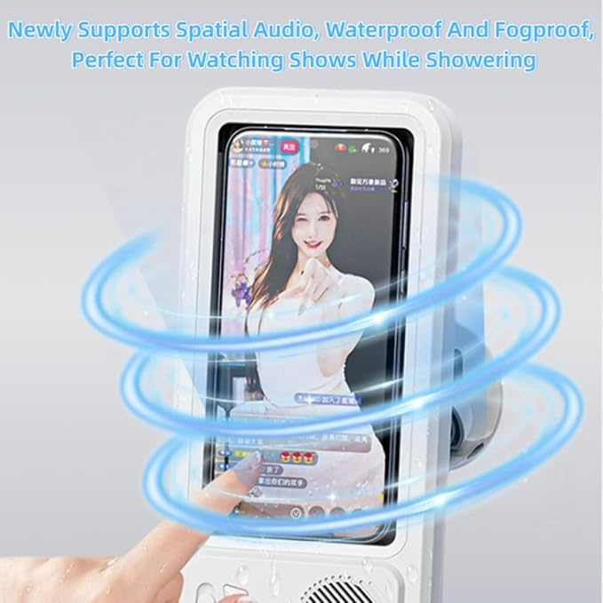 Shower Phone Holder with Speaker,Waterproof Phone Holder for Shower - Built-in Wireless Bluetooth Speaker,360° Rotation Ipx4 Waterproof, Enhanced Sound, for Bathroom, Shower Wall (Black)