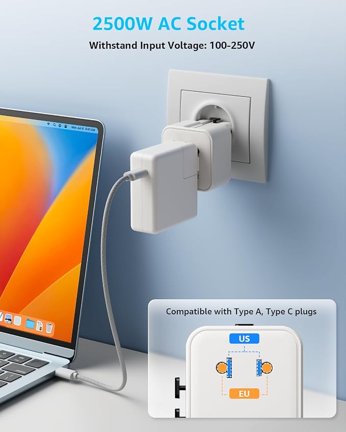 “Air” Universal Travel Adapter 2500W Max AC, Cover 200+ Countries | International Plug Adapter, All in One Portable Adapter, NOT A Voltage Converter, for USA, UK, EU, AU (White)