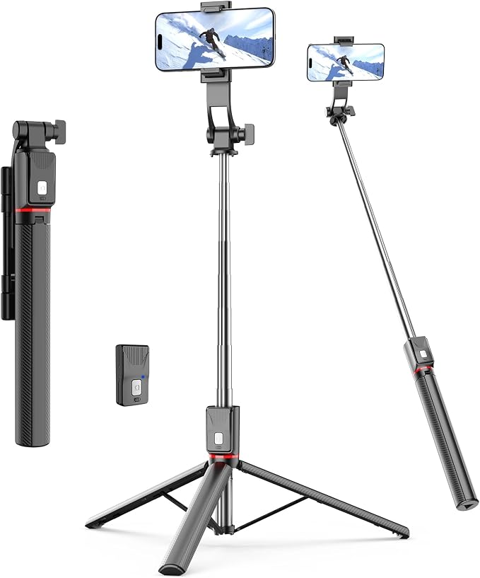 67'' Selfie Stick Tripod, Cell Phone Tripod with Integrated Wireless Remote, Portable Selfie Stick for iPhone Video Recording, Extendable Phone Stand for iPhone Android Content Creator Filming