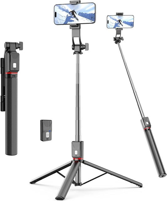 67'' Selfie Stick Tripod, Cell Phone Tripod with Integrated Wireless Remote, Portable Selfie Stick for iPhone Video Recording, Extendable Phone Stand for iPhone Android Content Creator Filming