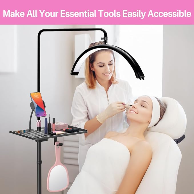 Adjustable Metal Lash Tray Holder for Ring Light & Lash Techs - Clip-On Organizer Tray with Phone Holder, Mirror Hook & Height Control for Eyelash Extensions Supplies (Salon/Home Use)