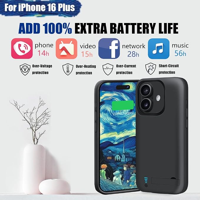 Battery Case for iPhone 16 Plus, 6000mAh Rechargeable Extended Battery Charging/Charger Case, Add 100% Extra Juice (6.7 Inches) Black