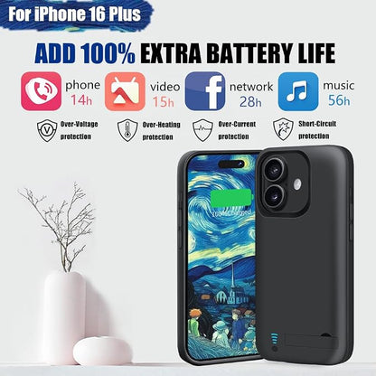 Battery Case for iPhone 16 Plus, 6000mAh Rechargeable Extended Battery Charging/Charger Case, Add 100% Extra Juice (6.7 Inches) Black