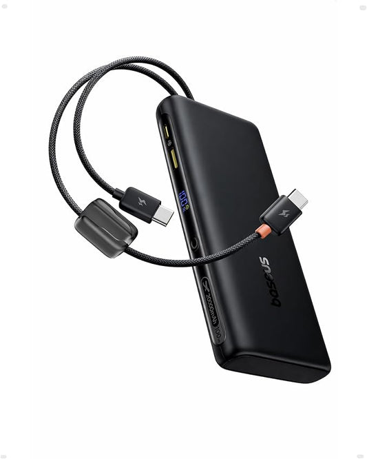 Baseus 100W Power Bank 20000mAh, Portable Laptop Charger with Built-in USB-C Dual Cables, Travel Essential PD QC Fast Charging for MacBook, iPad, iPhone 17/16, Samsung, Steam Deck, TSA-Approved