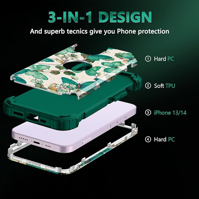 Casetego for iPhone 13 Case,iPhone 14 Case,Three Layer Heavy Duty Sturdy Shockproof Protection Full Rugged Hard PC+Soft TPU Bumper Protective Girls Case for Apple iPhone 13/14 6.1 inch,Sap Green