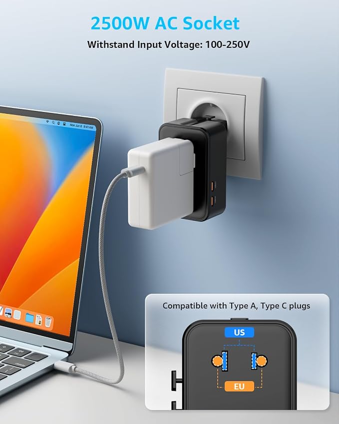“Air” Universal Travel Adapter 2 USB-C＆ 2 USB-A Cover 200+ Countries | PD 25W, International Plug Adapter, All in One Portable Adapter, NOT A Voltage Converter, for USA, UK, EU, AU (Black)
