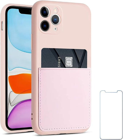Ultra Slim Liquid Silicon Gel Case Compatible for iPhone 11 Pro 5.8 inch 2019 with Card Holder Sleeves Slot Anti-Scratch Shockproof Wallet Cover with Screen Protecto(Pink)
