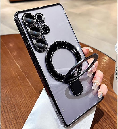 Magnetic for Samsung Galaxy S25 Ultra Case Stand & Ring Holder Compatible with MagSafe Built-in Camera Lens Protector Phone Case for Samsung S25 Ultra - Black